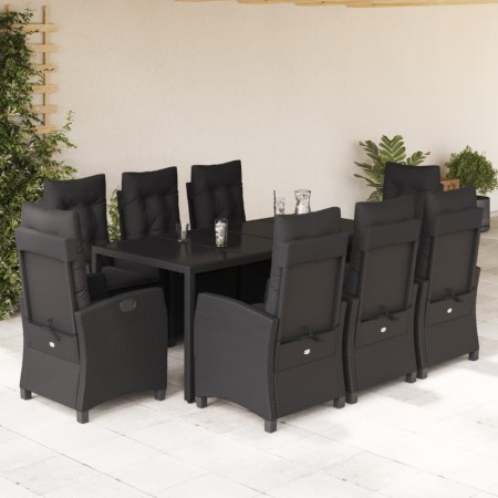 Set da Pranzo da Giardino 9 pz con Cuscini Nero in Polyrattan