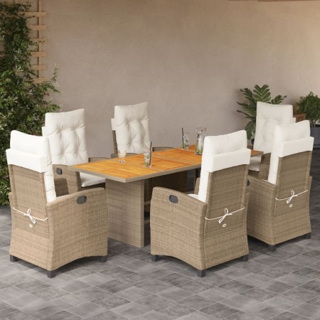 Set da Pranzo da Giardino 7 pz con Cuscini Beige in Polyrattan