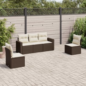 Set Divano da Giardino 5 pz con Cuscini Marrone in Polyrattan