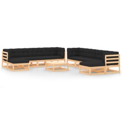 Set Salotto Giardino 11pz Cuscini Antracite Legno Massello Pino