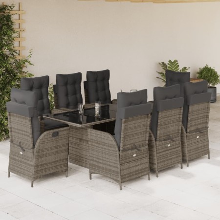 Set da Pranzo da Giardino 9 pz con Cuscini in Polyrattan Grigio