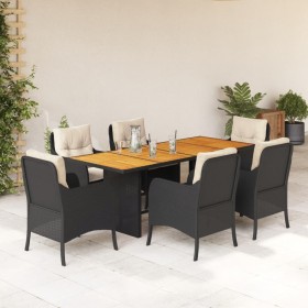 Set da Pranzo da Giardino 7 pz Nero con Cuscini in Polyrattan