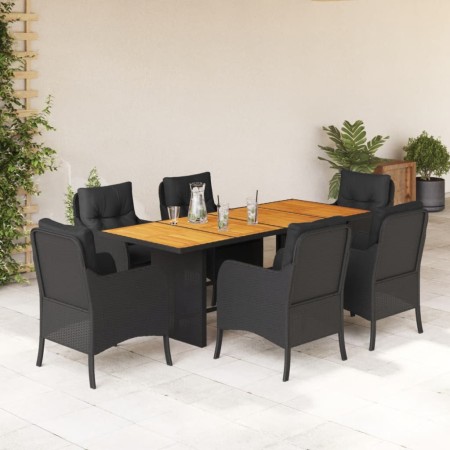 Set da Pranzo da Giardino 7 pz Nero con Cuscini in Polyrattan