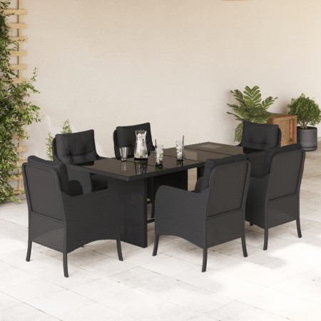 Set da Pranzo da Giardino 7 pz Nero con Cuscini in Polyrattan