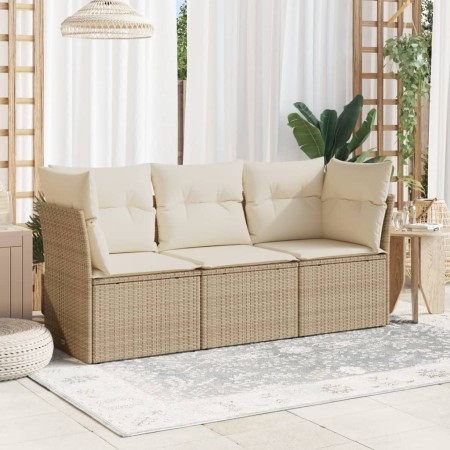 Set Divano da Giardino 3 pz con Cuscini Beige in Polyrattan