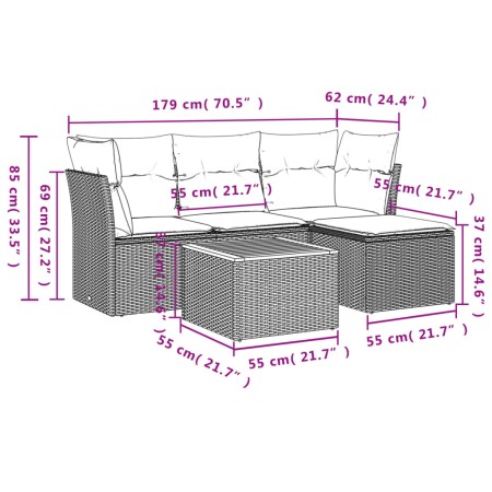 Set Divano da Giardino 5 pz con Cuscini Grigio in Polyrattan