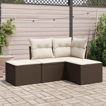 Set Divano da Giardino 4 pz con Cuscini Marrone in Polyrattan