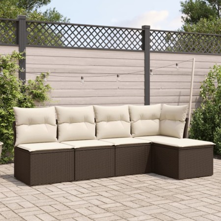 Set Divano da Giardino 5 pz con Cuscini Marrone in Polyrattan