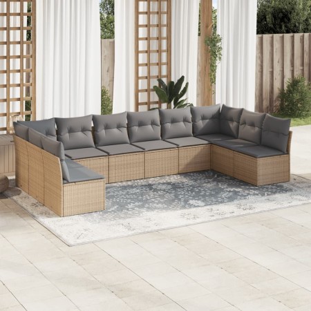 Set Divano da Giardino 10 pz con Cuscini Beige in Polyrattan