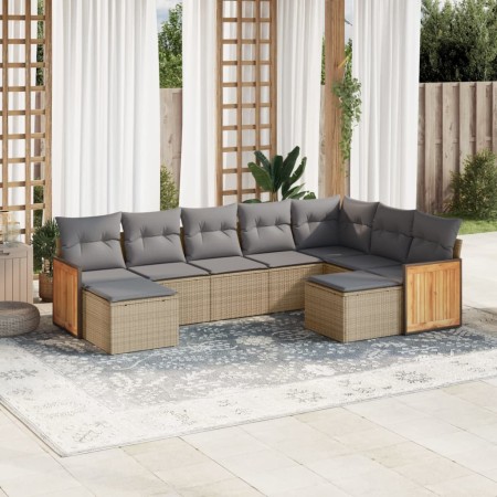 Set Divano da Giardino 9 pz con Cuscini Beige in Polyrattan