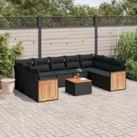 Set Divani da Giardino 10pz con Cuscini in Polyrattan Nero