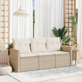 Set Divano da Giardino 3 pz con Cuscini Beige in Polyrattan