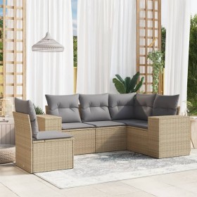 Set Divano da Giardino 5 pz con Cuscini Beige in Polyrattan