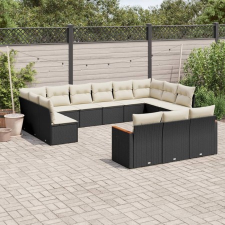 Set Divani da Giardino 13pz con Cuscini Nero in Polyrattan