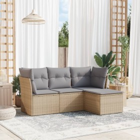 Set Divano da Giardino 4 pz con Cuscini Beige in Polyrattan