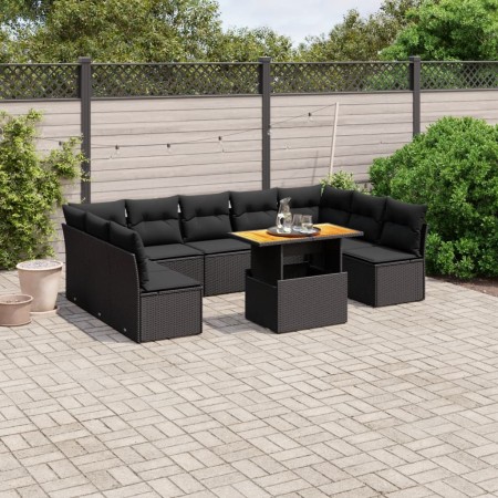 Set Divani da Giardino 10pz con Cuscini in Polyrattan Nero