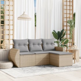 Set Divano da Giardino 4 pz con Cuscini Beige in Polyrattan