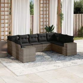 Set Divano da Giardino 9 pz con Cuscini Grigio in Polyrattan