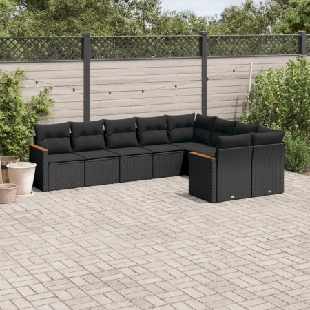 Set Divani da Giardino 9 pz con Cuscini Nero in Polyrattan