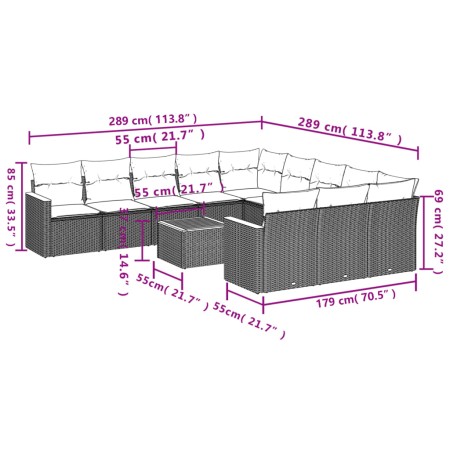 Set Divani da Giardino 12 pz con Cuscini Grigio in Polyrattan