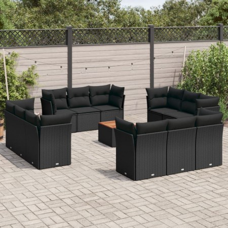 Set Divani da Giardino 13pz con Cuscini Nero in Polyrattan