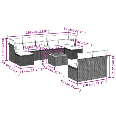 Set Divani da Giardino 10pz con Cuscini in Polyrattan Nero