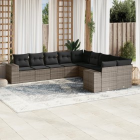 Set Divano da Giardino 10 pz con Cuscini Grigio in Polyrattan