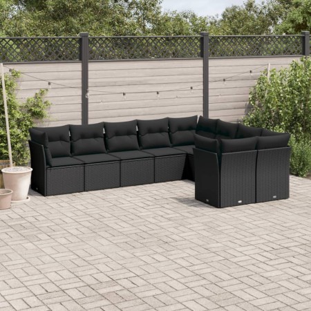 Set Divani da Giardino 9 pz con Cuscini Nero in Polyrattan