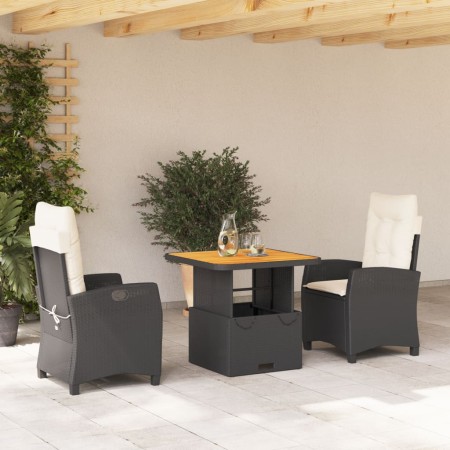 Set da Pranzo da Giardino 3 pz con Cuscini Nero in Polyrattan