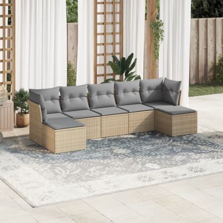 Set Divani da Giardino 7 pz con Cuscini Beige in Polyrattan