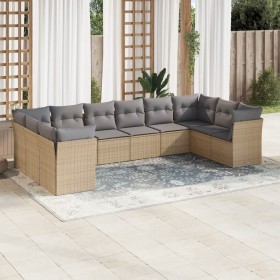 Set Divano da Giardino 10 pz con Cuscini Beige in Polyrattan