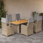 Set da Pranzo da Giardino 7 pz con Cuscini Beige in Polyrattan