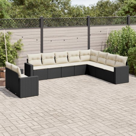 Set Divani da Giardino 10pz con Cuscini in Polyrattan Nero