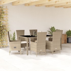 Set da Pranzo da Giardino 7 pz con Cuscini Beige in Polyrattan