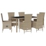 Set da Pranzo da Giardino 7 pz con Cuscini Beige in Polyrattan