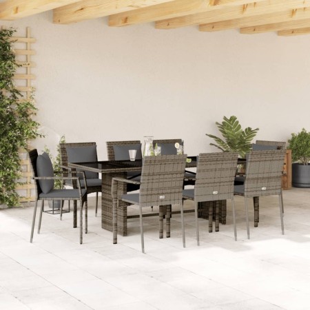 Set da Pranzo da Giardino 9 pz con Cuscini in Polyrattan Grigio