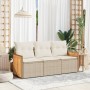 Set Divano da Giardino 3 pz con Cuscini Beige in Polyrattan