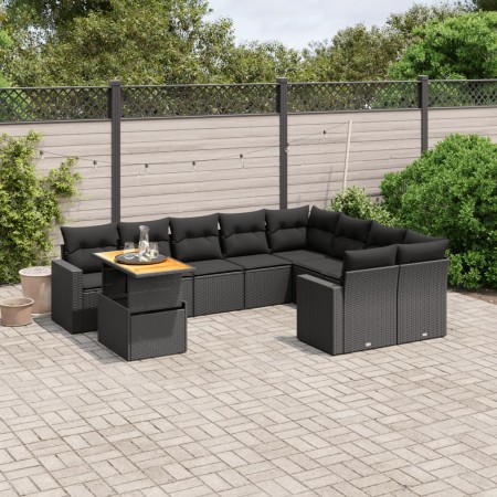 Set Divani da Giardino 10pz con Cuscini in Polyrattan Nero