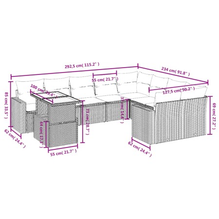 Set Divani da Giardino 10pz con Cuscini in Polyrattan Nero