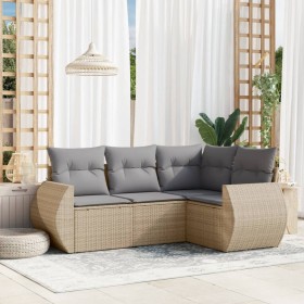 Set Divano da Giardino 4 pz con Cuscini Beige in Polyrattan