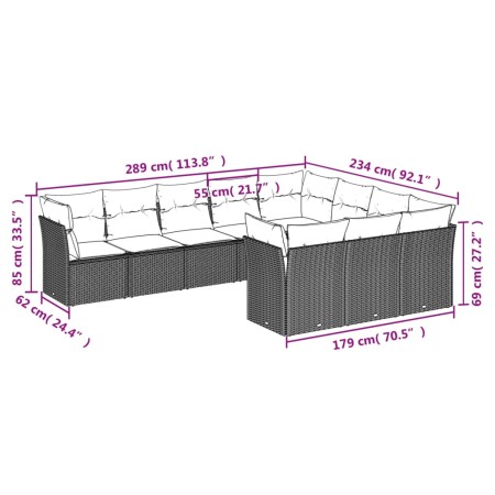 Set Divani da Giardino 10pz con Cuscini in Polyrattan Marrone