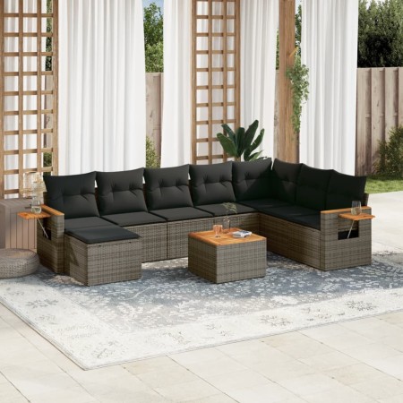 Set Divano da Giardino 9 pz con Cuscini Grigio in Polyrattan