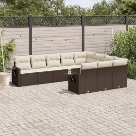 Set Divani da Giardino 10pz con Cuscini in Polyrattan Marrone