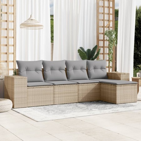 Set Divano da Giardino 5 pz con Cuscini Beige in Polyrattan