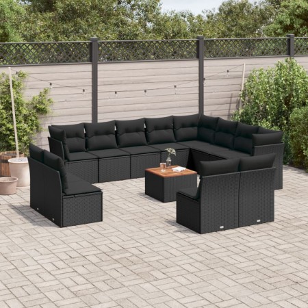 Set Divani da Giardino 13pz con Cuscini Nero in Polyrattan