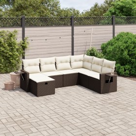 Set Divani da Giardino 7 pz con Cuscini Marrone in Polyrattan