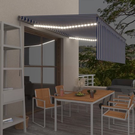 Tenda Sole Retrattile Manuale con LED 4x3m Blu e Bianco