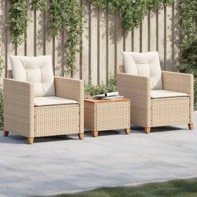 Set da Bistrò 3 pz con Cuscini Beige Polyrattan e Legno Acacia