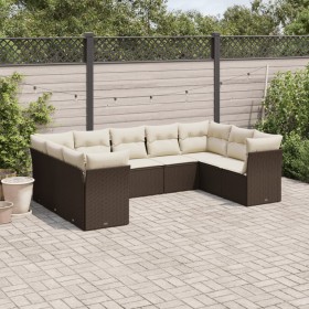 Set Divani da Giardino 9pz con Cuscini Marrone in Polyrattan