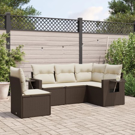 Set Divano da Giardino 5 pz con Cuscini Marrone in Polyrattan